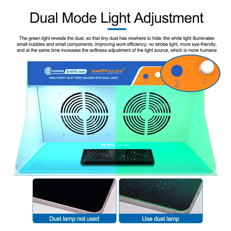 Máquina de eliminación de polvo de doble luz para teléfono, tableta, portátil, SUNSHINE S-917C, Mini banco de trabajo con pantalla de arañazos sin polvo de alta pureza - imagen 4