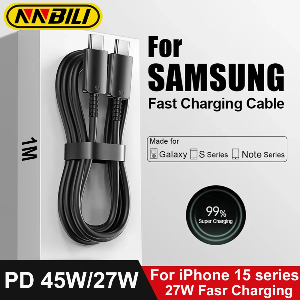NNBILI Cable USB tipo C para Samsung S24/A54/A53 PD 27W para iPhone 15 series 5A, carga rápida, Cable Dual USB C, Cable de Fecha
