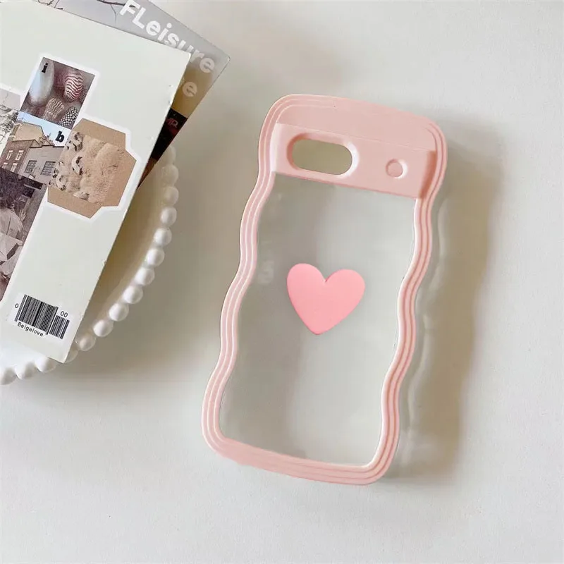 Funda de teléfono transparente para Google Pixel 8A 7A, carcasa trasera dura a prueba de golpes, bonita, 3D, corazón de amor, rizado, ondulado, parachoques, Color caramelo, 2 en 1 - imagen 5