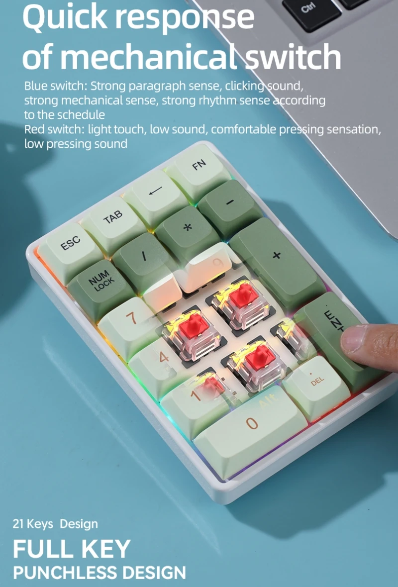 Wireless Numeric Keypad Numpad Mechanical Keyboard 21 Keys One Hand Keyboard Bluetooth 2.4G Connect RGB K21 Finance Accounting - imagen 2