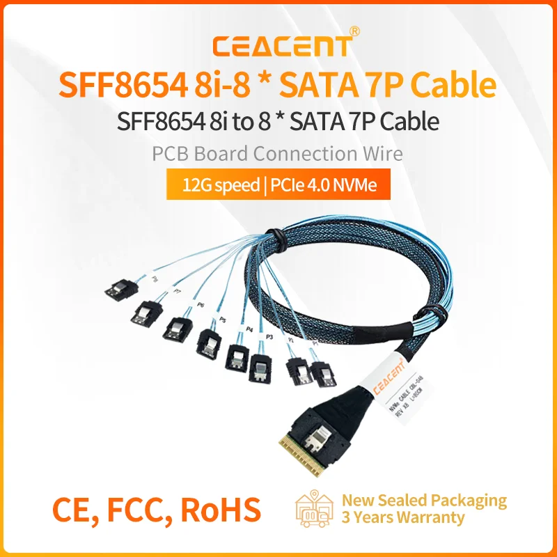 SlimSAS-Cable NVMe SFF8654 8i a 8 * SATA 12G/PCIe4.0, 80CM de longitud, 32AWG, Compatible con tarjeta Broadcom RAID o HBA