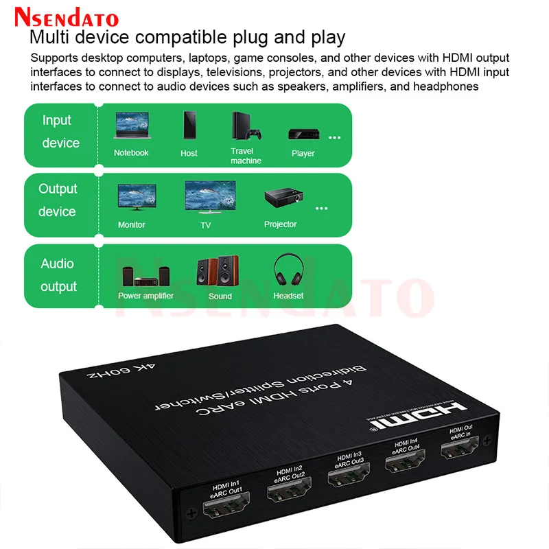 2 4 puertos Bi direcciones HDMI eARC Audio Extractor Switch 4K 60Hz HDMI Toslink SPDIF COAXIAL 5.1CH HDMI Audio Switcher Splitter - imagen 4