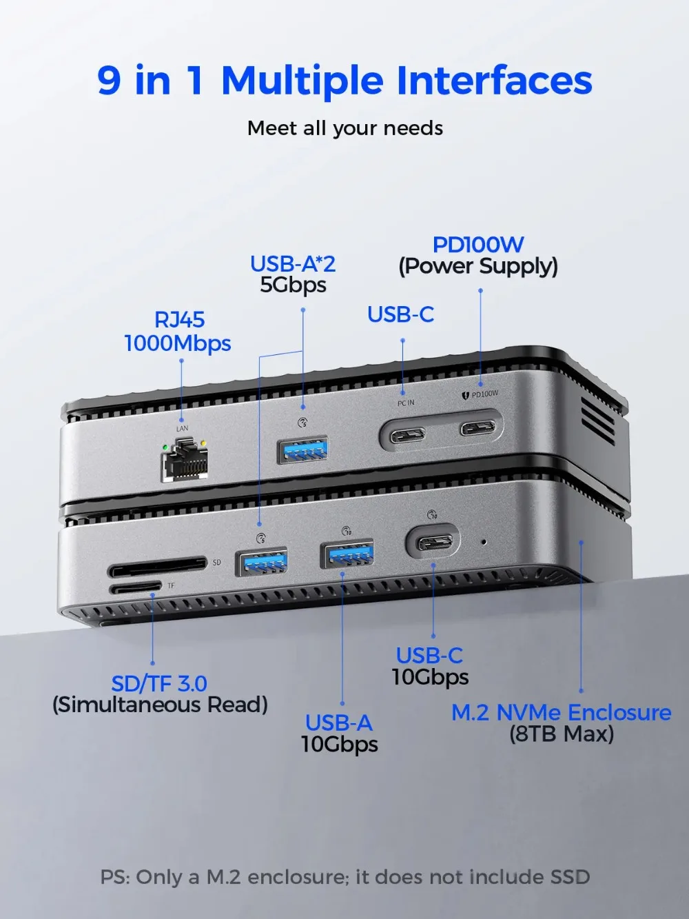 Carcasa ORICO M.2 NVMe SSD con concentrador USB C 9 en 1, estación de acoplamiento SD externa RJ45 de 10Gbps con ventilador de refrigeración para ordenador portátil MacBook - imagen 2