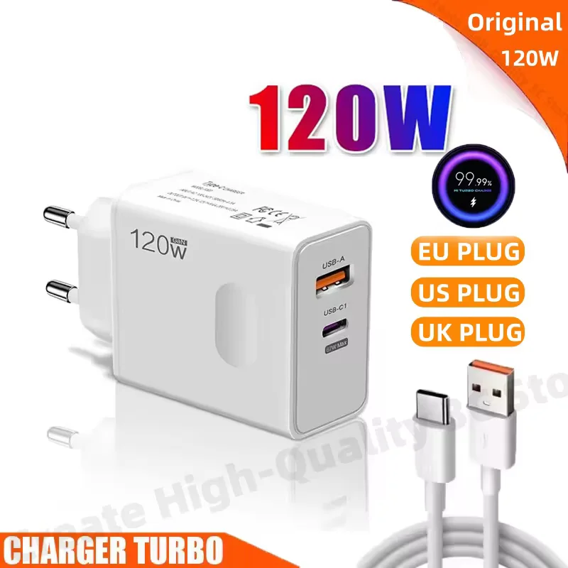 Cargador rápido Original de 120W, Cable USB 3,0 tipo C PD, cargador 2 en 1, adaptador de carga rápida para iPhone, Samsung, Xiaomi, UE, EE. UU., Reino Unido