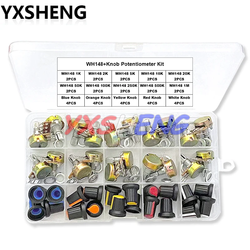 20 juegos WH148 15MM Kits de potenciómetro único B1K/2K/5K/10K/20K/50K/100K/250K/500K/1M, con juego de perillas blancas, azules, amarillas, naranjas y rojas