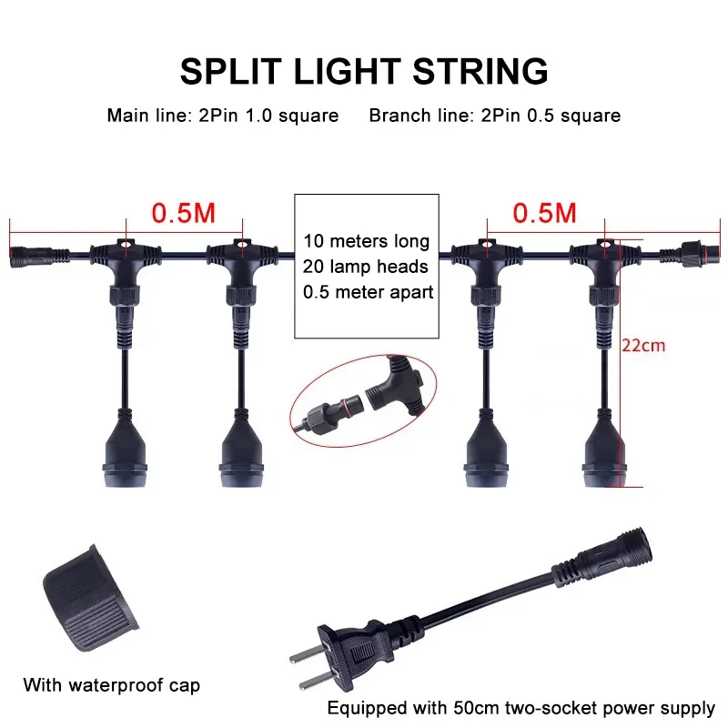 Cadena de luz LED impermeable E27, tienda de campaña, luz de ambiente, 110-230V, cable de alimentación para exteriores, conector de serie de decoración de boda - imagen 5