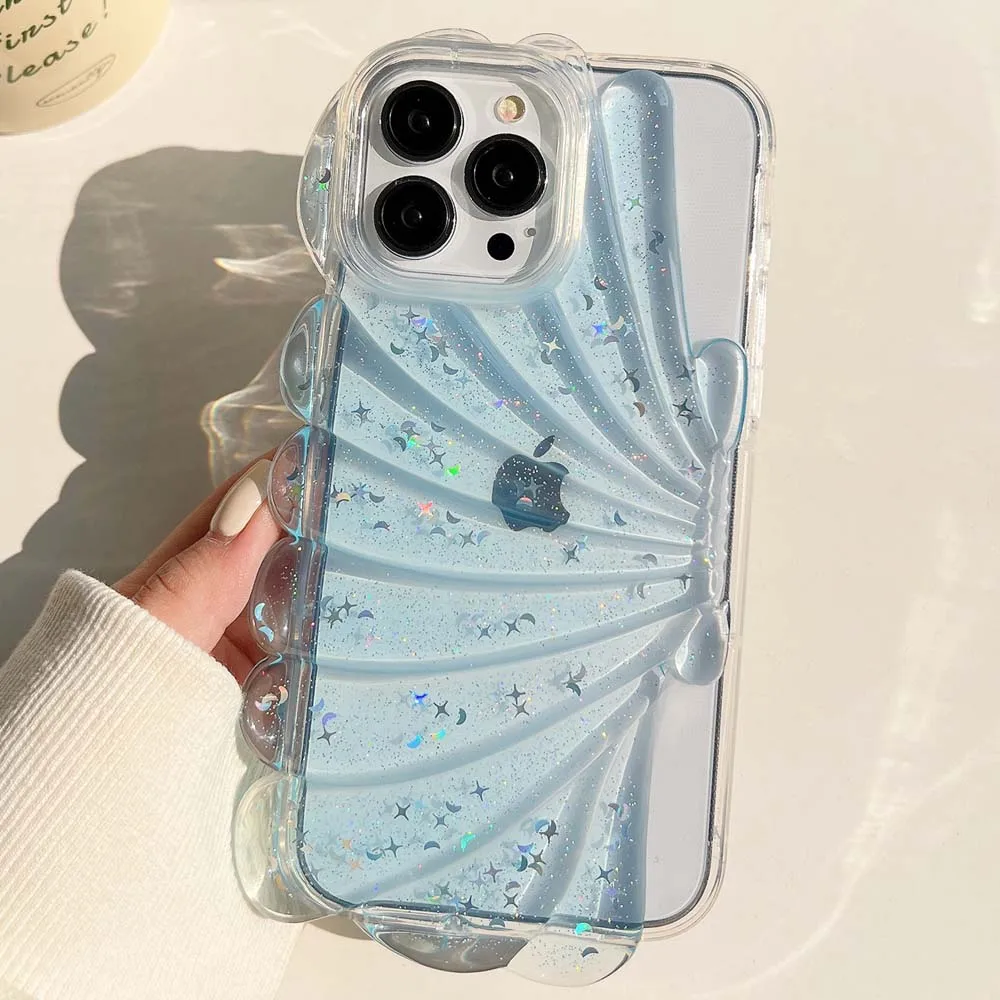 Carcasa de almeja 3D para teléfono móvil, carcasa de epoxi con estrellas brillantes para iPhone 14, 13, 12 Pro, Max, 11 Plus, parachoques a prueba de golpes, cubierta suave y clara - imagen 2
