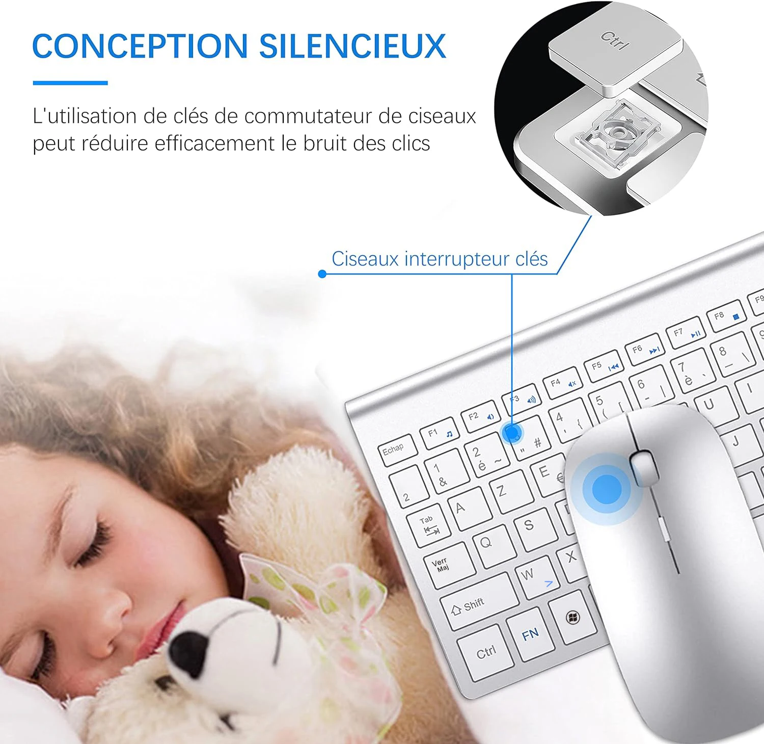 AZERTY Teclado de ratón con diseño francés 2,4G, juego de teclado y ratón inalámbricos ultradelgados, compacto y silencioso para PC, portátil y Windows - imagen 5