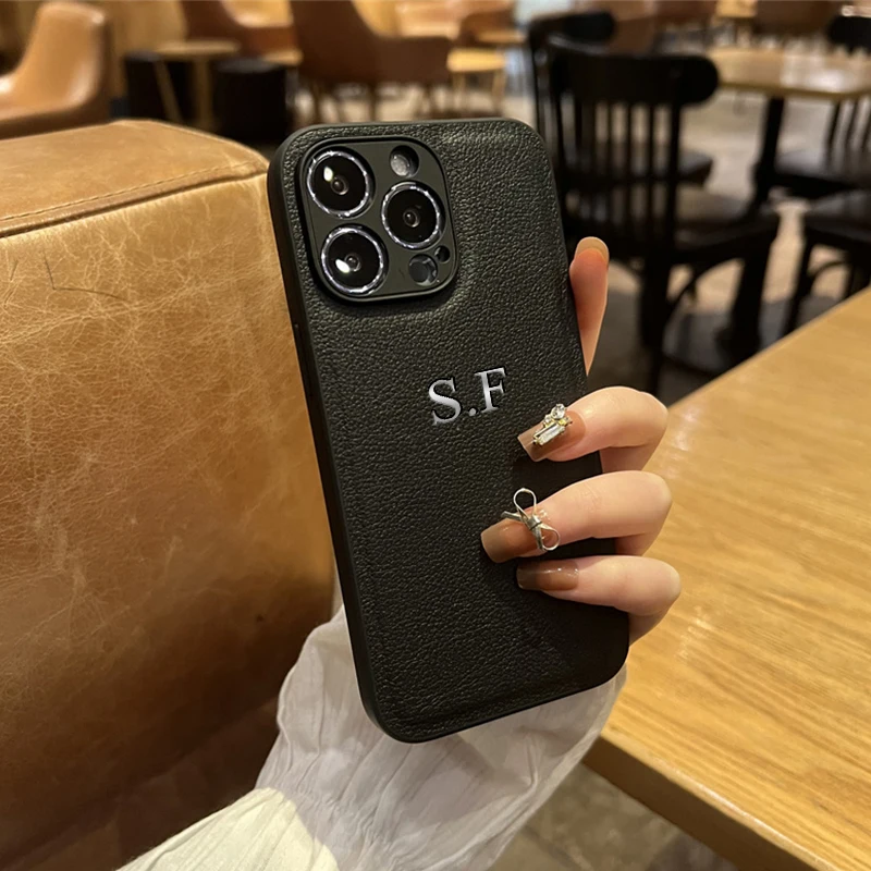 Funda de cuero de lujo para iPhone 11 12 13 14 15 16 Pro Max XS XR 7 8 Plus cubierta personalizada con iniciales de nombre 15 13 14 Pro Max - imagen 5