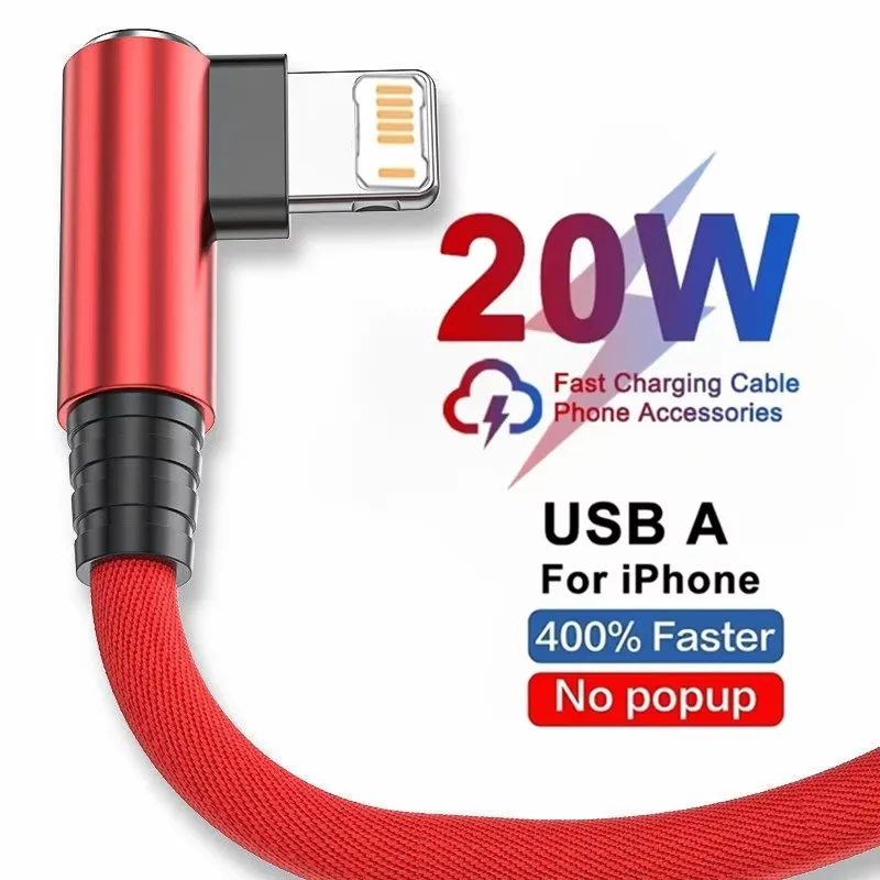 Cable USB de carga rápida de ángulo recto para iPhone 11 12 13 Pro XS Max X XR 6 6S 7 8 14 Plus Cable de datos de codo trenzado 1m 2m 3m