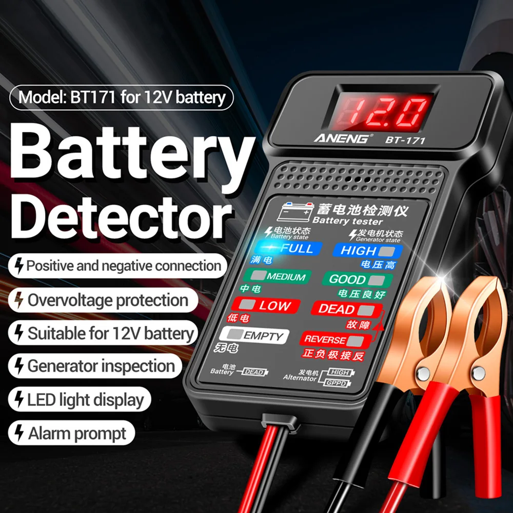 Probador de batería de coche BT-171, indicador de potencia de batería de 12V, pantalla LED, probador de capacidad de batería de vehículo eléctrico - imagen 2