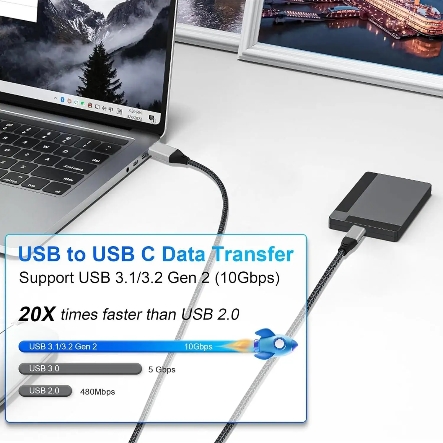 Cable trenzado de carga USB A a tipo C 3A de 1m USB 3,1 USB 3,2 Gen2 10Gbps Cable de transferencia de datos para Samsung Galaxy Phone Tablet SSD - imagen 3
