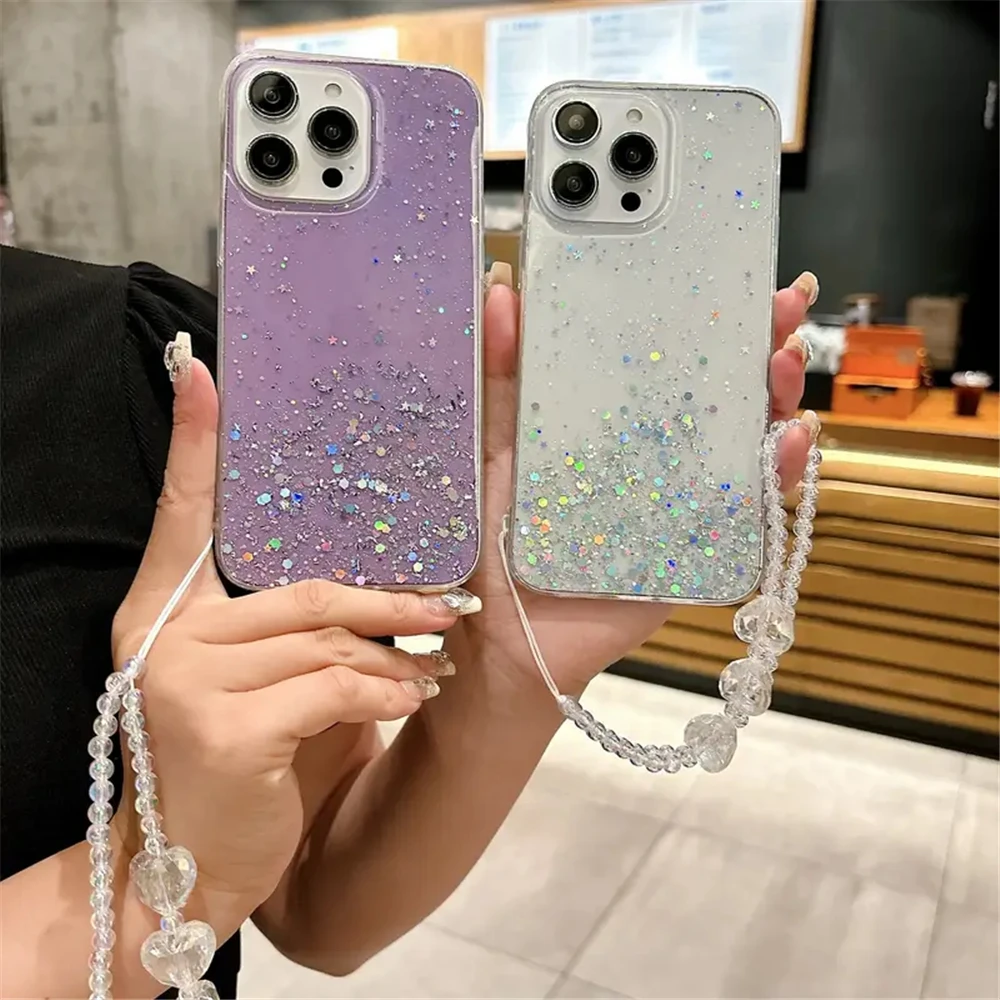 Funda de teléfono P30lite de lujo con purpurina ostentosa para Huawei P30 Lite P20 P40 Pro Y7 2019, funda de silicona suave con pulsera de corazón de amor 3D - imagen 2