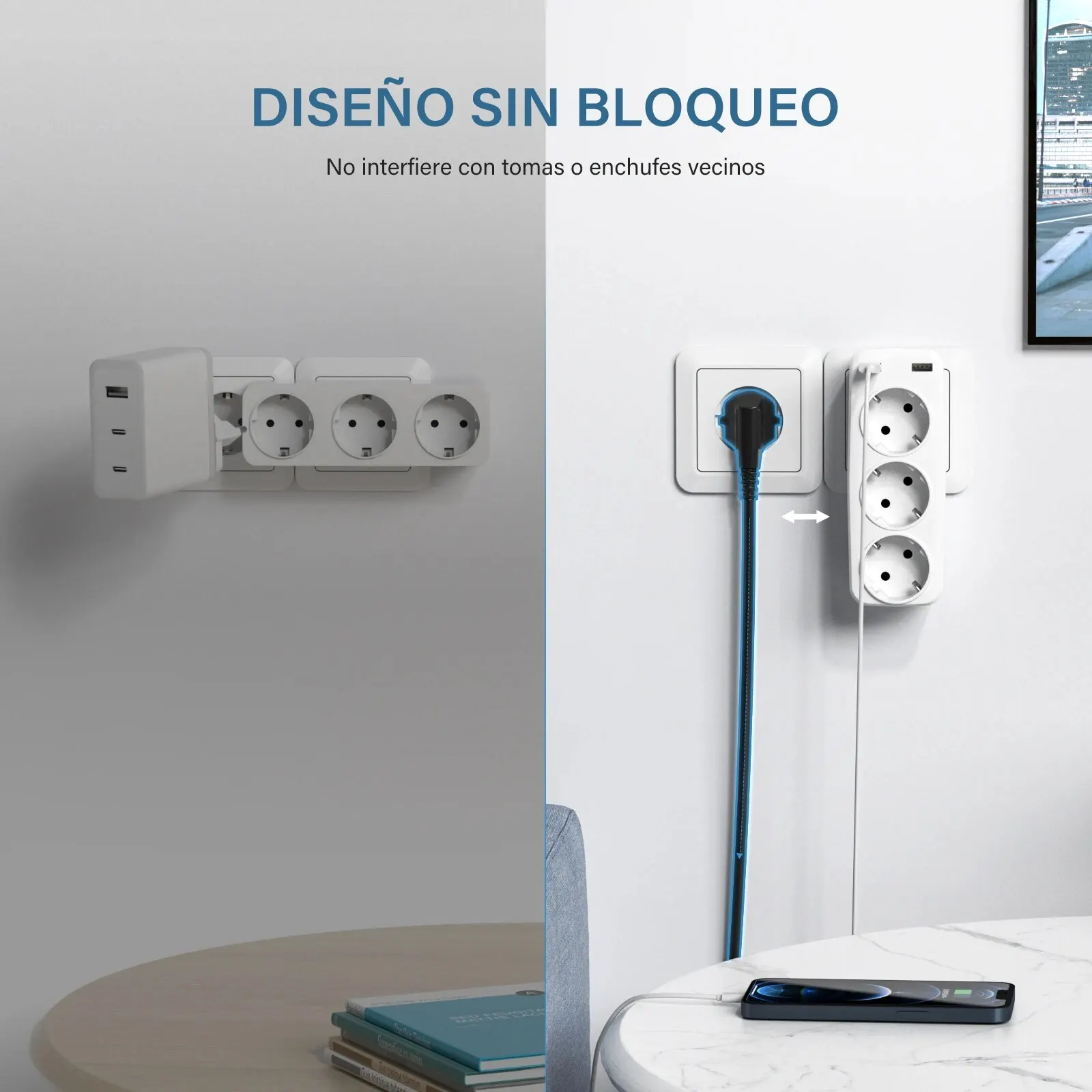 LENCENT EU Plug Extensor de enchufe de pared 5 en 1 con 3 salidas de CA 2 USB 4000W 5V2.4A Cargador de pared para hogar/oficina - imagen 5