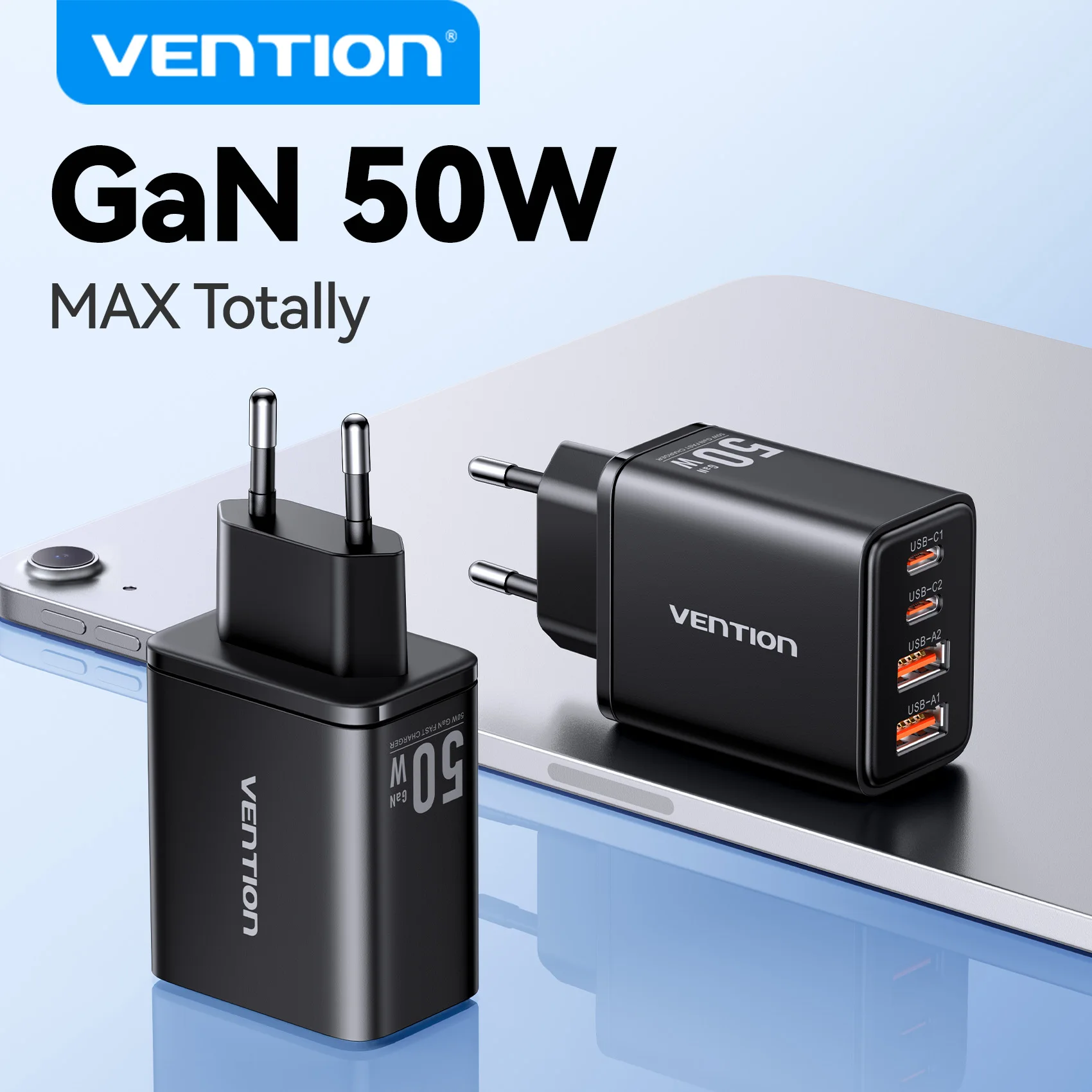 Cargador Vention GaN 30W USB tipo C PD QC 3,0 para iPhone 16 15 14 Pro Xiaomi Tablet puerto dual 50W MAX cargador rápido para teléfono - imagen 2