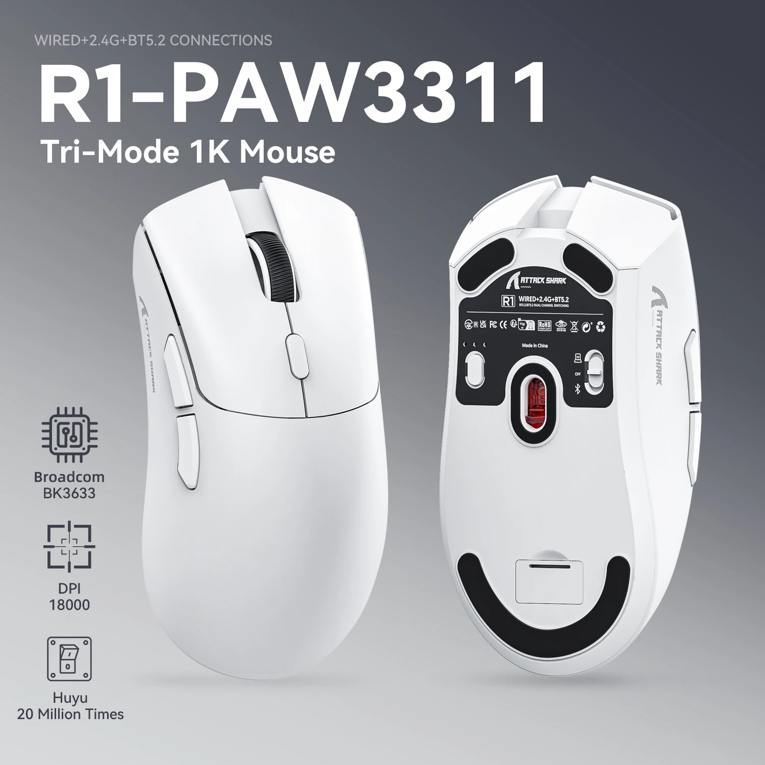 Attack Shark R1 ratón inalámbrico con Bluetooth para videojuegos, dispositivo con Sensor PAW3311, frecuencia de retorno de 1000Hz, trimodo, ergonómico, recargable - imagen 2