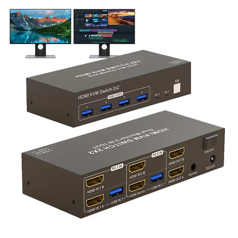 Monitor Dual HDMI KVM Switch 2x2 4K 60Hz HDMI Displayport USB 3,0 KVM Switcher pantalla extendida para 2 PC Share teclado de ratón