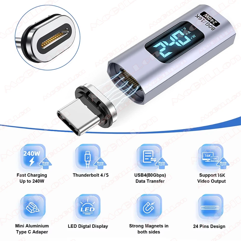USB4.0 80Gbps 240W Thunderbolt 5 adaptador magnético tipo C a USB C Cable convertidor magnético de carga rápida 16K @ 60Hz 5A tipo C adaptador - imagen 3