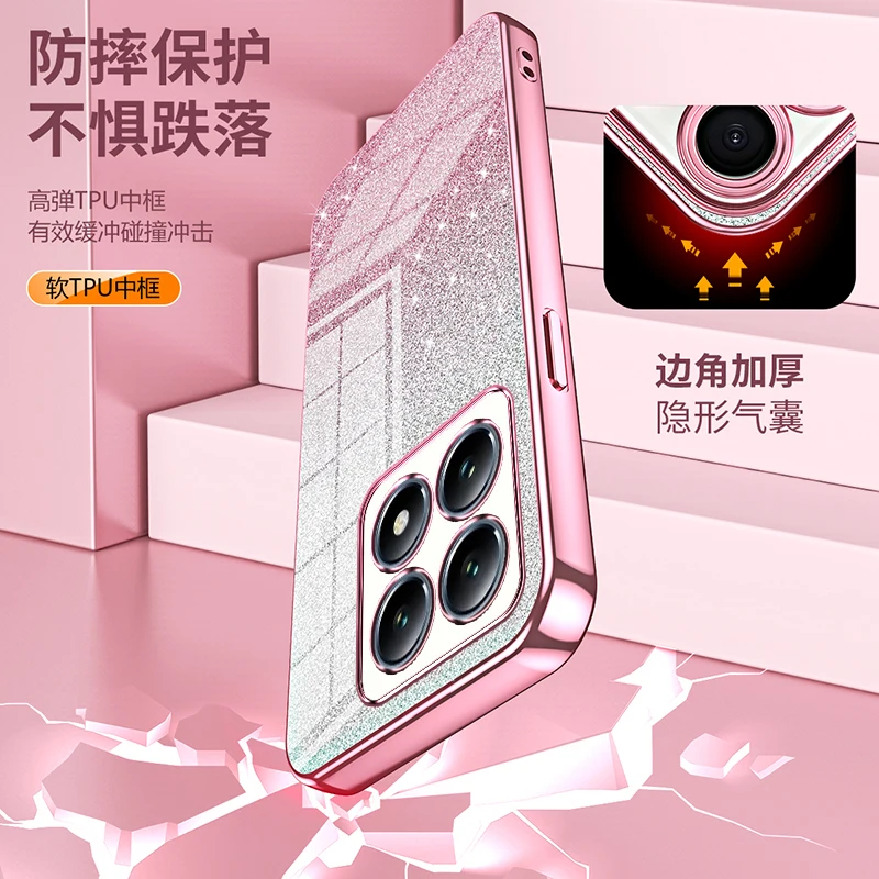 Funda de lujo galvanizada con purpurina para Xiaomi 14T 5G, cubierta trasera con lente anticaída, cubierta completa para parachoques Xiaomi 14T 5G - imagen 5
