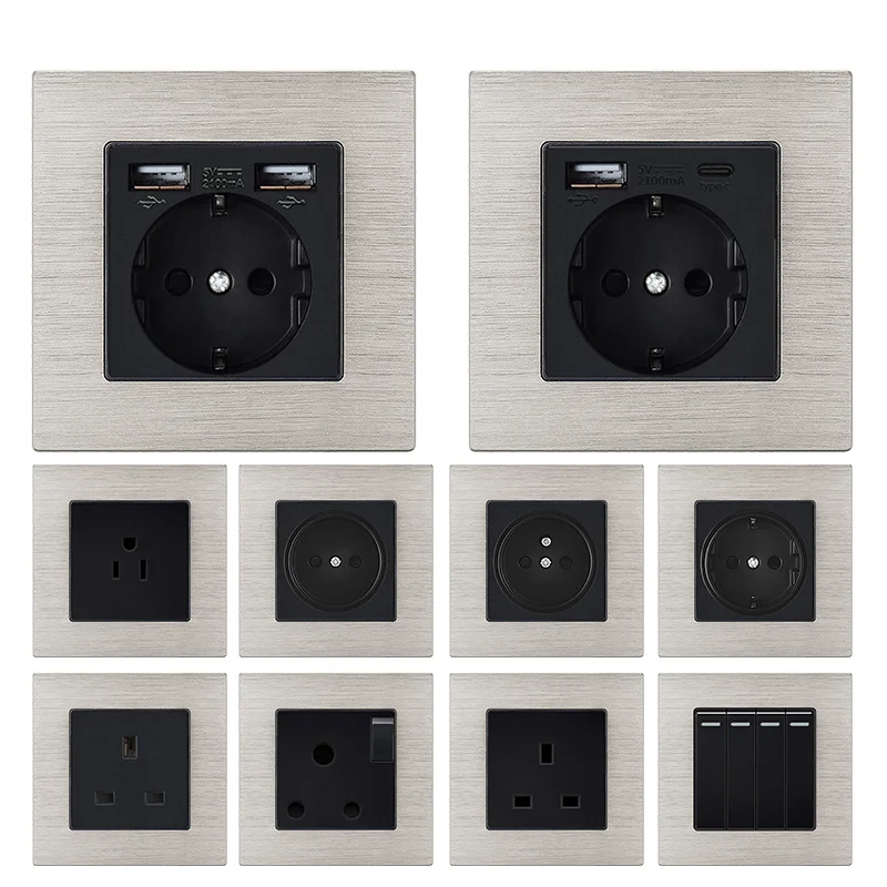 Panel de pared de aluminio cepillado plateado, carga USB integrada con toma de corriente, estándar Eu Ru, 86*86mm - imagen 4
