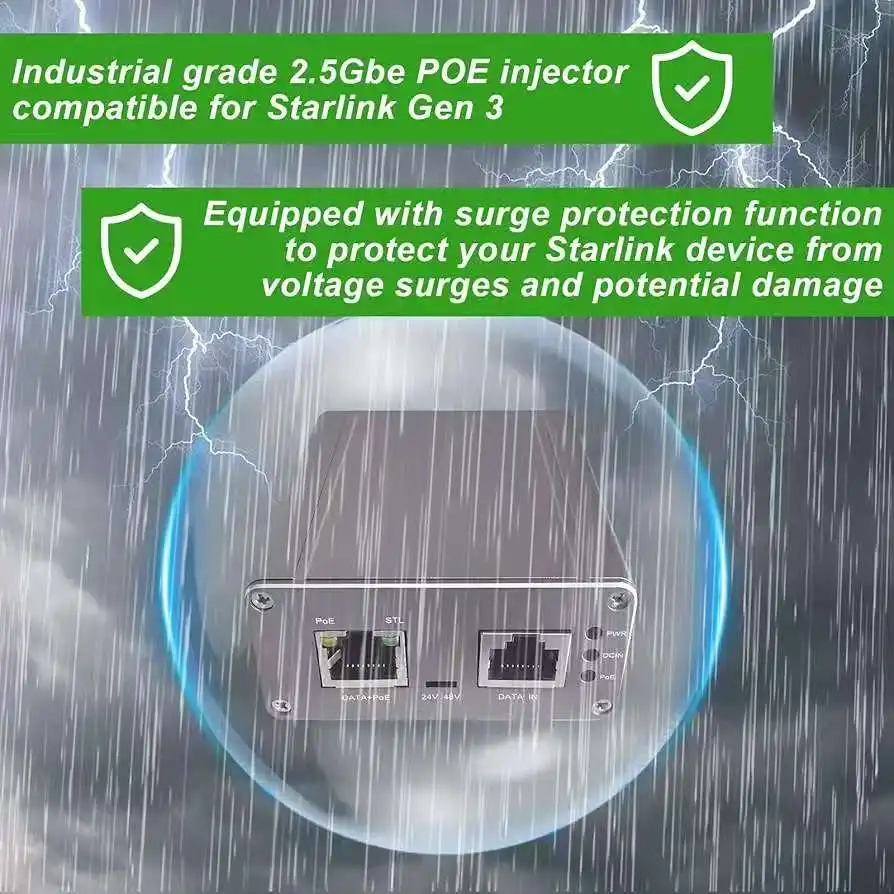 Para inyector PoE Starlink V2/V3 2,5G |   Máx200W | 48-57Vdc entrada+57V PoE out | carcasa de aleación |   Carril DIN y montaje en pared son opcionales. - imagen 3