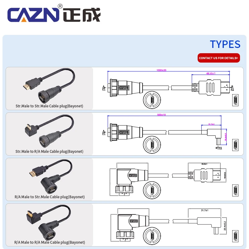 Conector de interfaz multimedia resistente al agua Tipo bayoneta Cabeza recta con enchufe de cable - Accesorio de transmisión de datos duradero