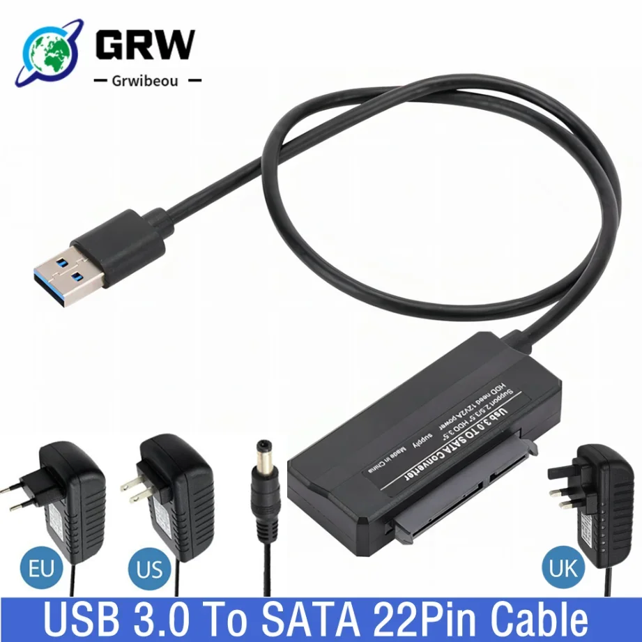 Cable adaptador SATA a USB 3,0 Cable USB a SATA compatible con disco duro externo SSD de 2,5/3,5 pulgadas ordenador 7 + 15 Cable SATA de 22 pines