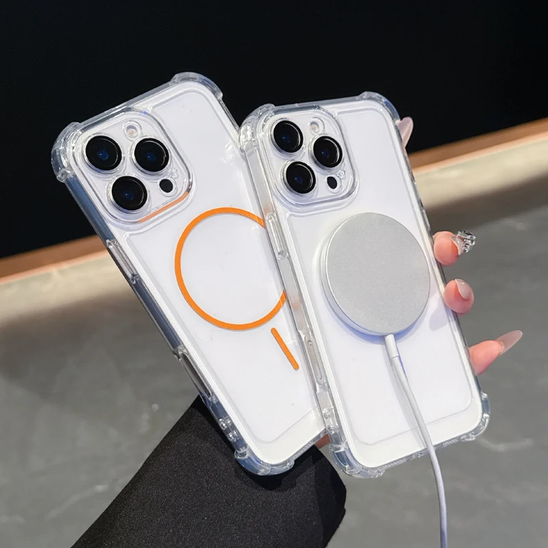 Para Magsafe magnético cuatro esquinas Anti caída HD transparente funda de teléfono para iPhone 16 Pro Max 14 11 12 13 15 Pro Max cubierta de parachoques - imagen 3