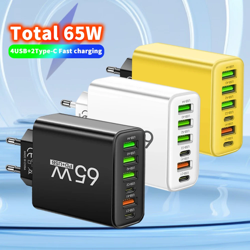 Cargador USB PD de 65W, múltiples puertos de enchufe, cargador de carga rápida, adaptador de pared tipo C para teléfono móvil, iPhone, Xiaomi, Samsung, Huawei