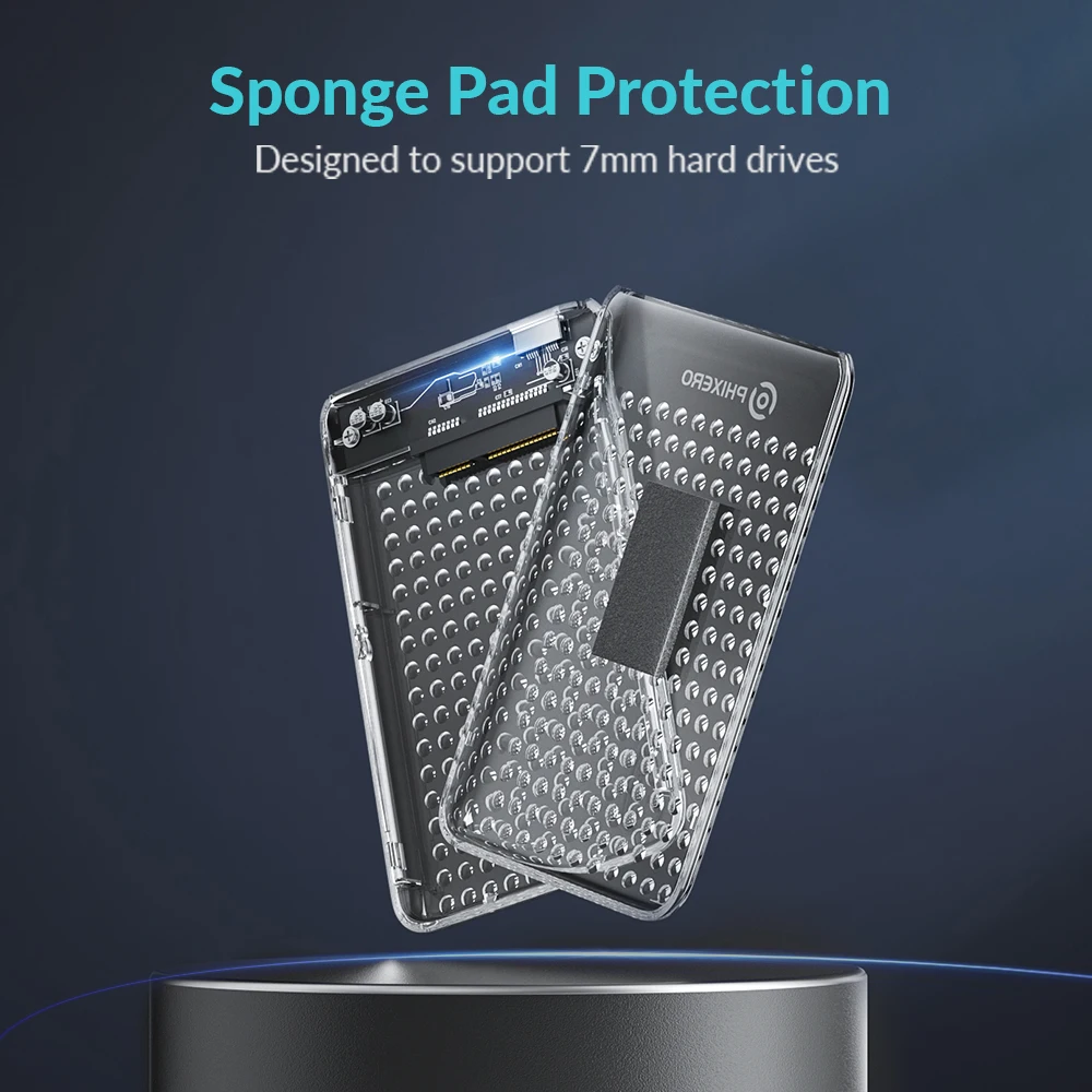 Un producto llamado Sponge Pad Protection, que está diseñado para admitir discos duros de 7 mm. Parece ser una funda protectora o soporte para un disco duro, posiblemente para usar en una computadora o sistema de almacenamiento externo.