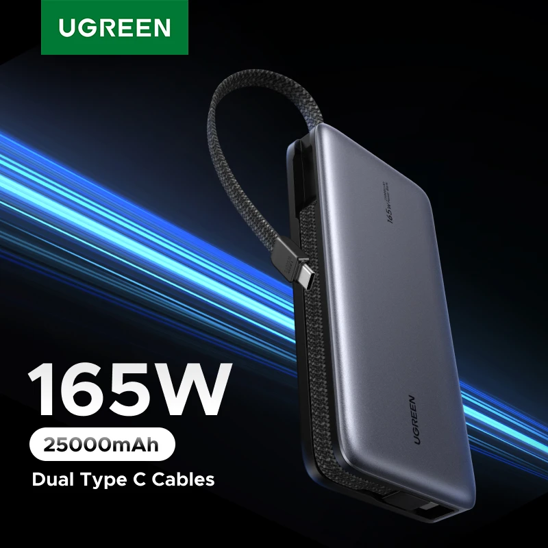 UGREEN Nexode PD 165W 25000mAh Power Bank 140W PD3.1 Cargador rápido portátil para computadora portátil con cables duales tipo C Batería externa