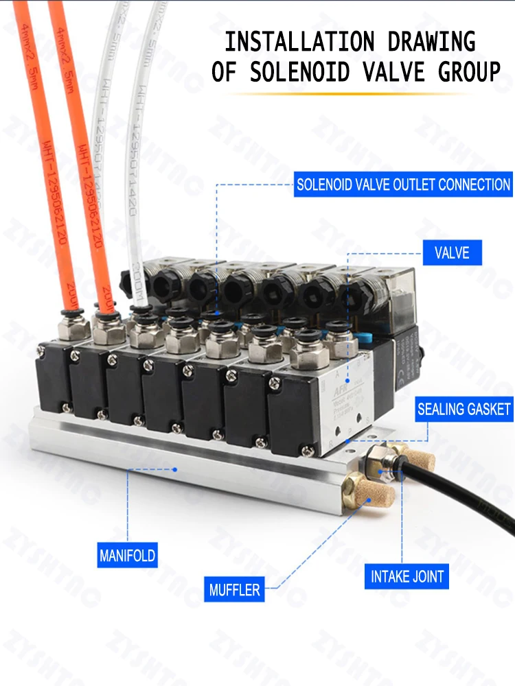 Bloque de válvula solenoide neumática de 12/24V CC 110/220V CA opción múltiple 4V210-08 con colector de Base de ajuste de silenciador 2/3/4/6 vías