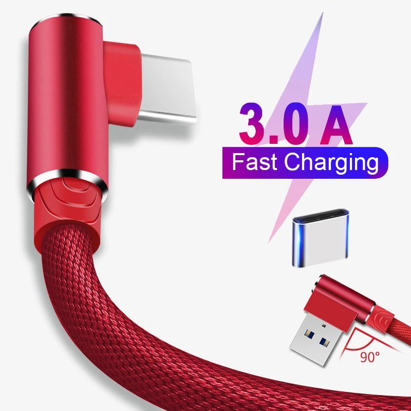 Cable cargador USB C tipo C de 1m, 2m, 3m, 90 ángulos, para Samsung, Huawei, Xiaomi, USB-C, USBC, tipo C, Cable de datos de carga rápida larga - imagen 2