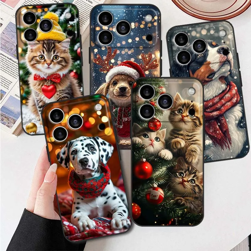 Navidad gatos perros para Apple iPhone 17 Air 16e 16 15 14 13 XS X Mini Plus Pro Max funda de teléfono negra