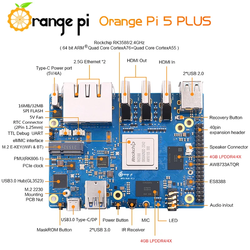 Orange Pi 5 Plus 8GB RAM RK3588 8 núcleos 64 bits 2,5G Dual Ethernet caja acrílica opcional disipadores de calor de cobre para Orange Pi 5 Plus - imagen 5