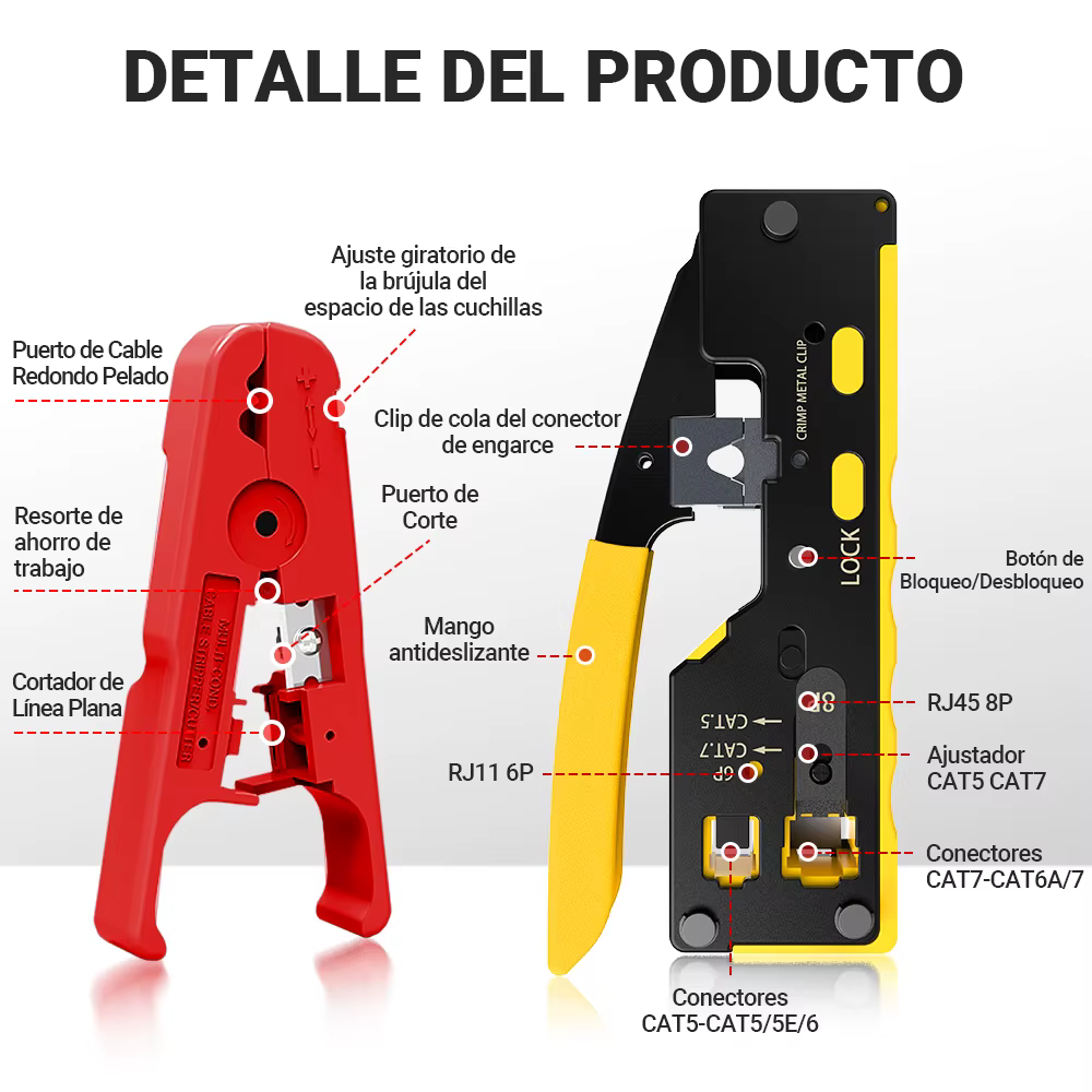 Crimpadora AMPCOM RJ45 RJ11 Ethernet Cat7/6A/5 con Pelacables - imagen 2