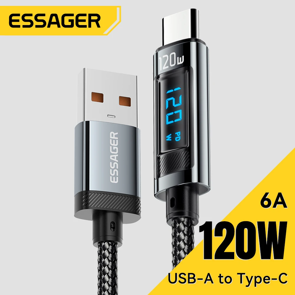 Essager Cable USB tipo C 6A 120W para Xiaomi 14pro pantalla Led cargador de carga rápida Cable USB C Cable de datos para Realme Black Shark