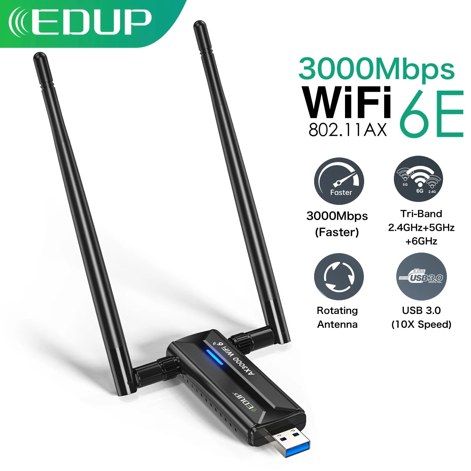 EDUP WiFi 6E tarjeta de red inalámbrica 3000Mbps USB 3,0 adaptador WiFi tri-banda 2,4G 5G 6G antena de alta ganancia receptor Wifi Dongle