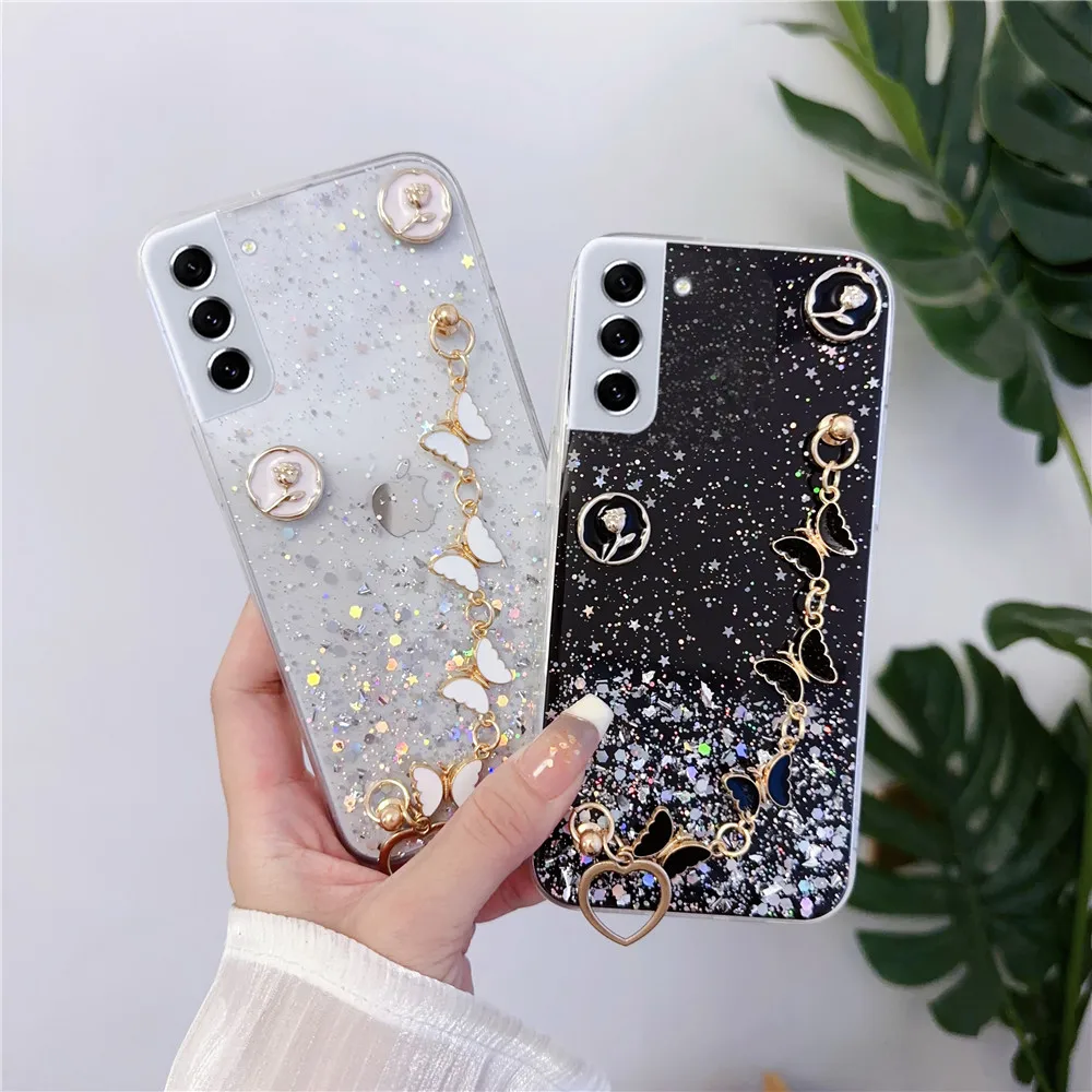 Funda de teléfono con pulsera de mariposa para Samsung S24, S23, S22 Ultra, S21 Plus, S20FE, S10, Note 20, brillante, Estrella - imagen 2