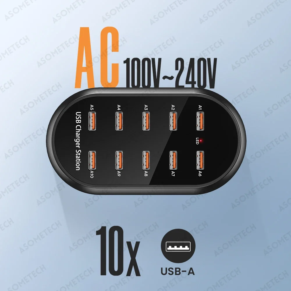 ASOMETECH-cargador USB de 10 puertos, 100V-240V, UE, EE. UU., KR, Reino Unido, estación de carga USB de escritorio para múltiples dispositivos, iPhone, Samsung, Xiaomi - imagen 3