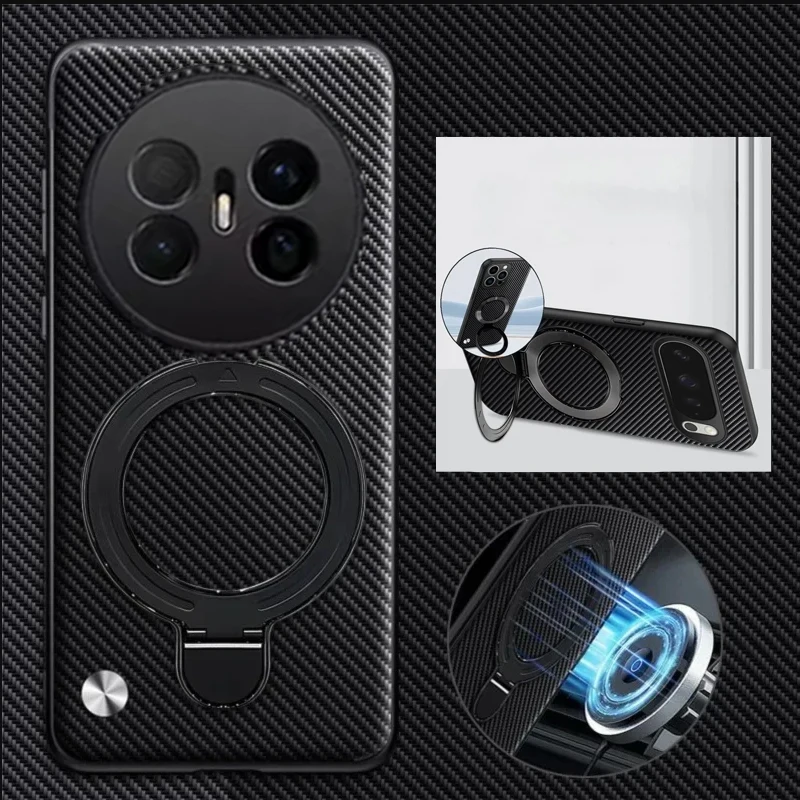 Para Magsafe funda con soporte giratorio magnético para Huawei Mate 70 Air fibra de carbono PU cuero mate cubierta de teléfono a prueba de golpes