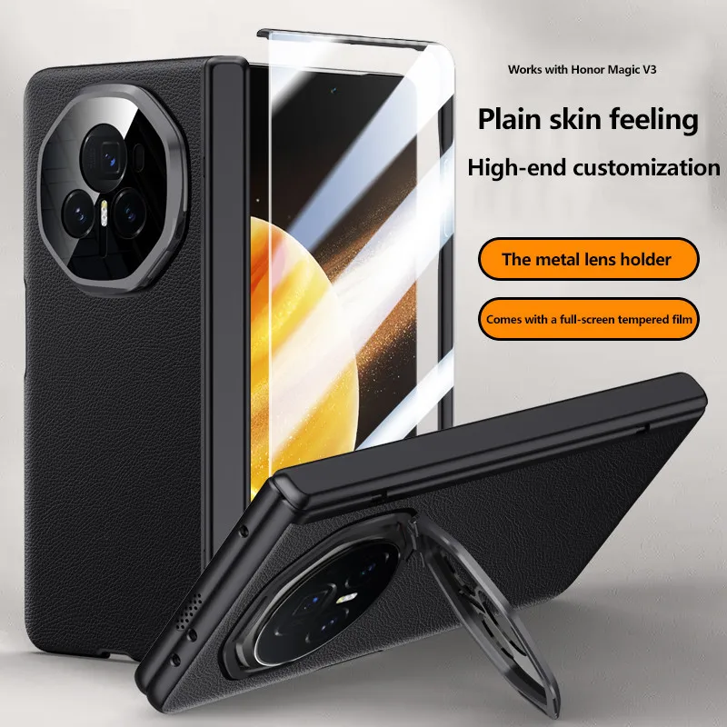 Funda protectora de bisagra de cuero para Honor Magic V3 Vs3, cubierta de soporte de lente de Metal con vidrio templado - imagen 2