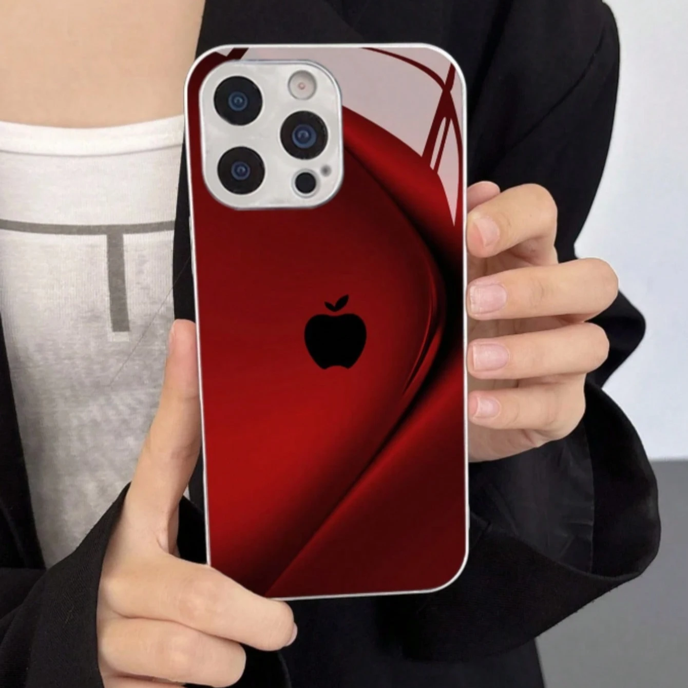 Para iPhone Funda para X/XS /XS MAX/XR / 11/12/13/14/15/16/17 Pro MAX Chapado en plata Diseño de vidrio templado "mela roja"