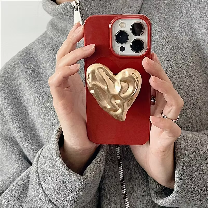 Con soporte de corazón Fundas de teléfono rojas con soporte para iPhone 16 Funda 15 Pro Max 14 Plus 13 12 11 Funda Griptok con toma de agarre - imagen 5