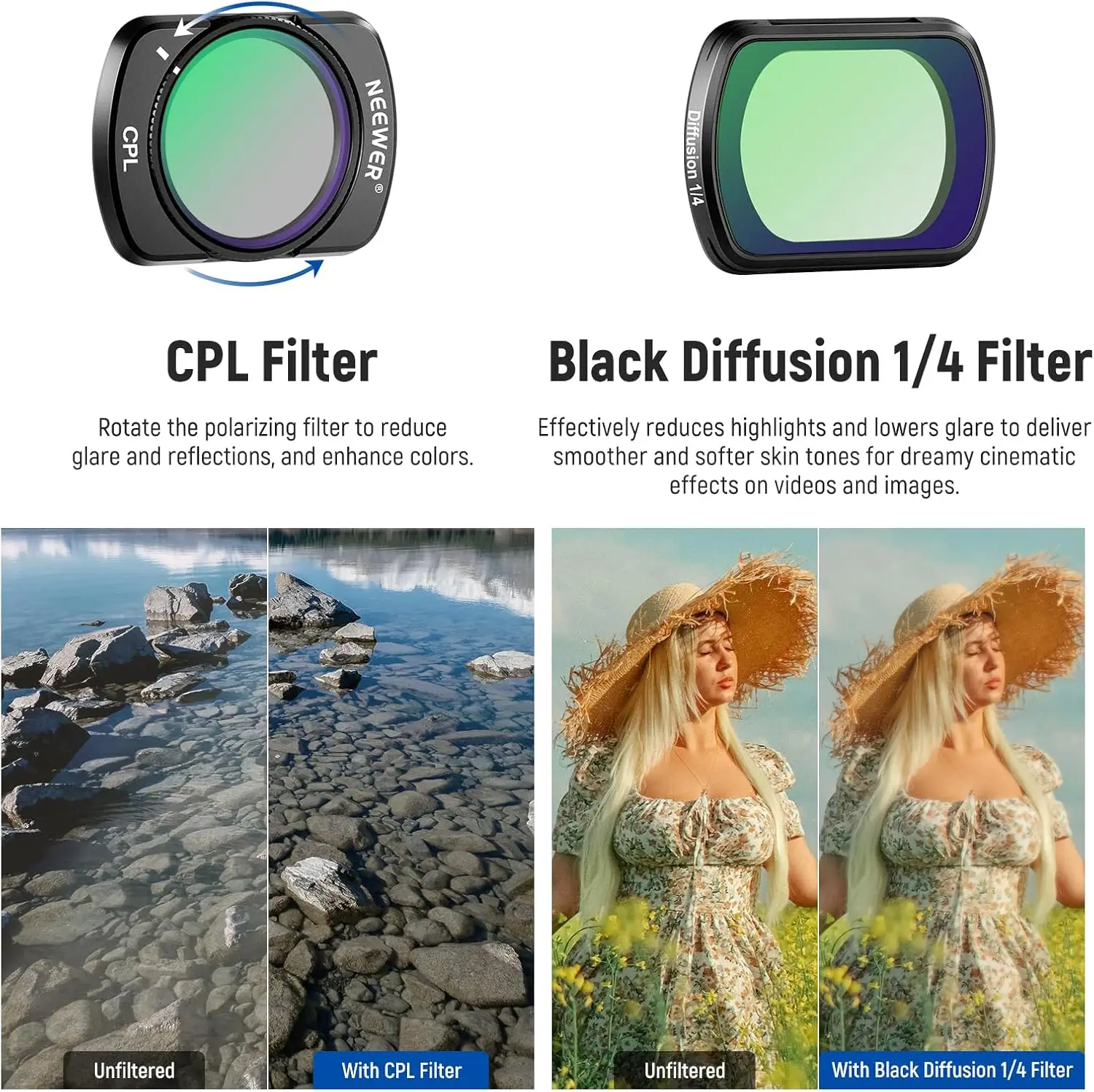 NEEWER Kit de filtro de cámara de acción para DJI OSMO Pocket 3 Creator Combo accesorios ND2-32 y CPL y filtro de efectos - imagen 2