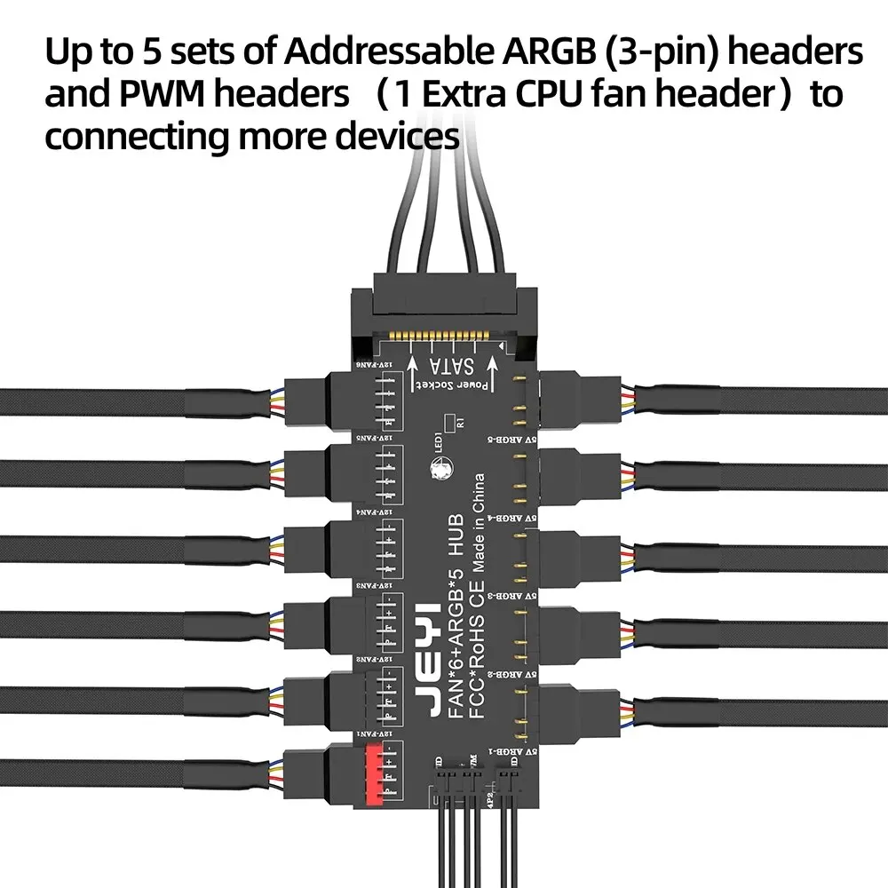 JEYI-ventilador de sincronización de 5 vías, 4 pines PWM y 5V, 3 pines ARGB con SATA 15 Pines, Hub de ventilador de refrigeración de CPU, direccionable, iluminación RGB, divisor de PCB - imagen 5