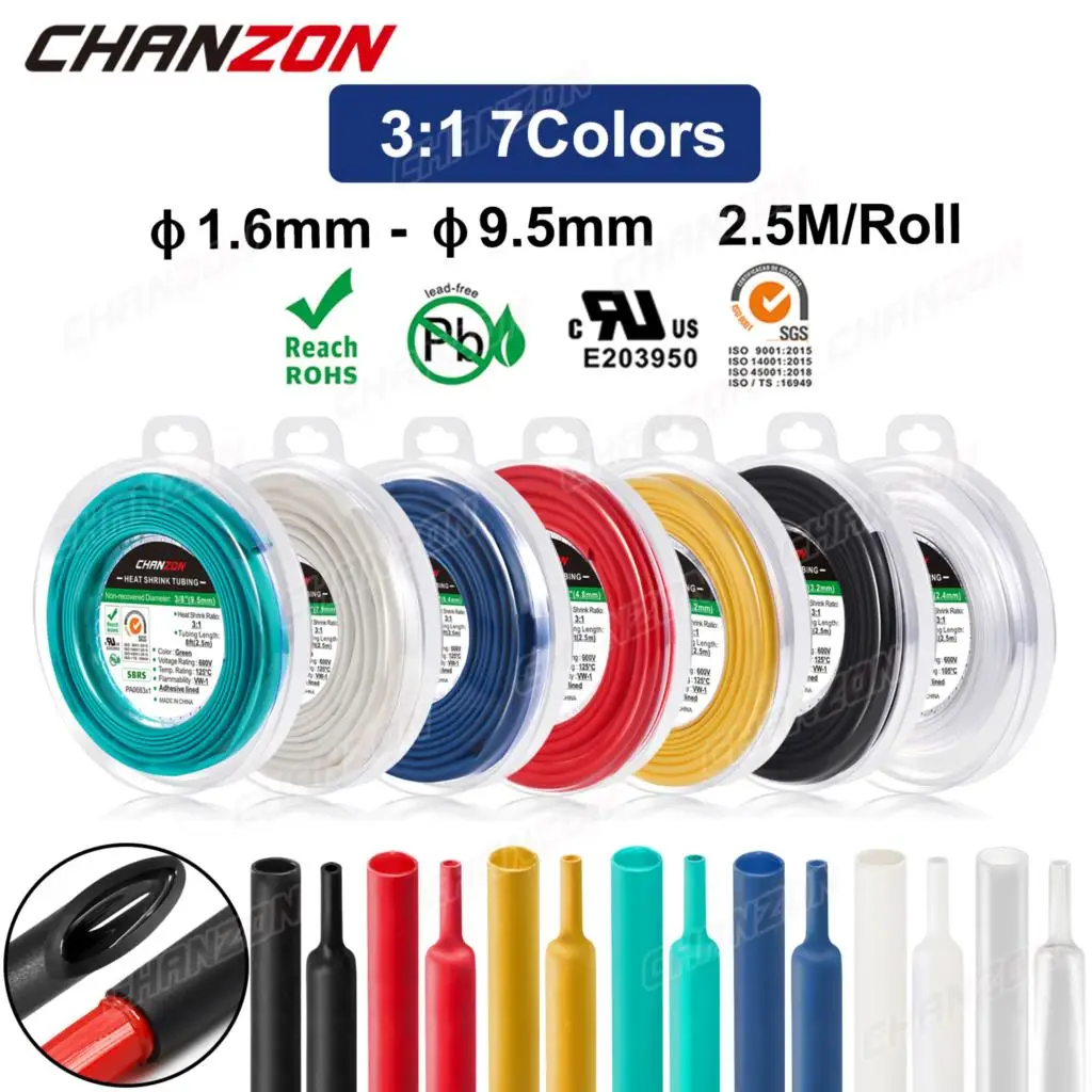 2,5 M/rollo 7 colores 1,6 - 9,5mm 3:1 Tubo termorretráctil impermeable con pegamento doble adhesivo de pared forrado de alambre envoltura de grado marino