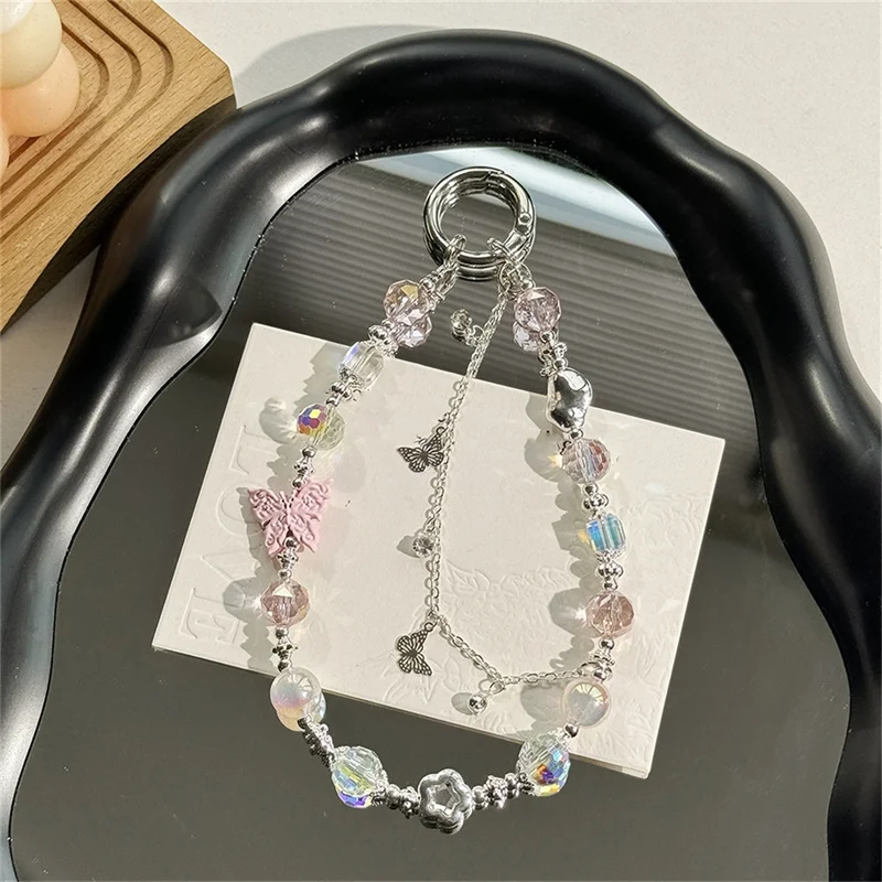 1 unidad de pulsera de lujo con diamantes de imitación y mariposa brillante para teléfono, correa con dije, nudo de cadena, cordón para teléfono móvil, bolso, llavero para cámara, regalo para niña - imagen 3