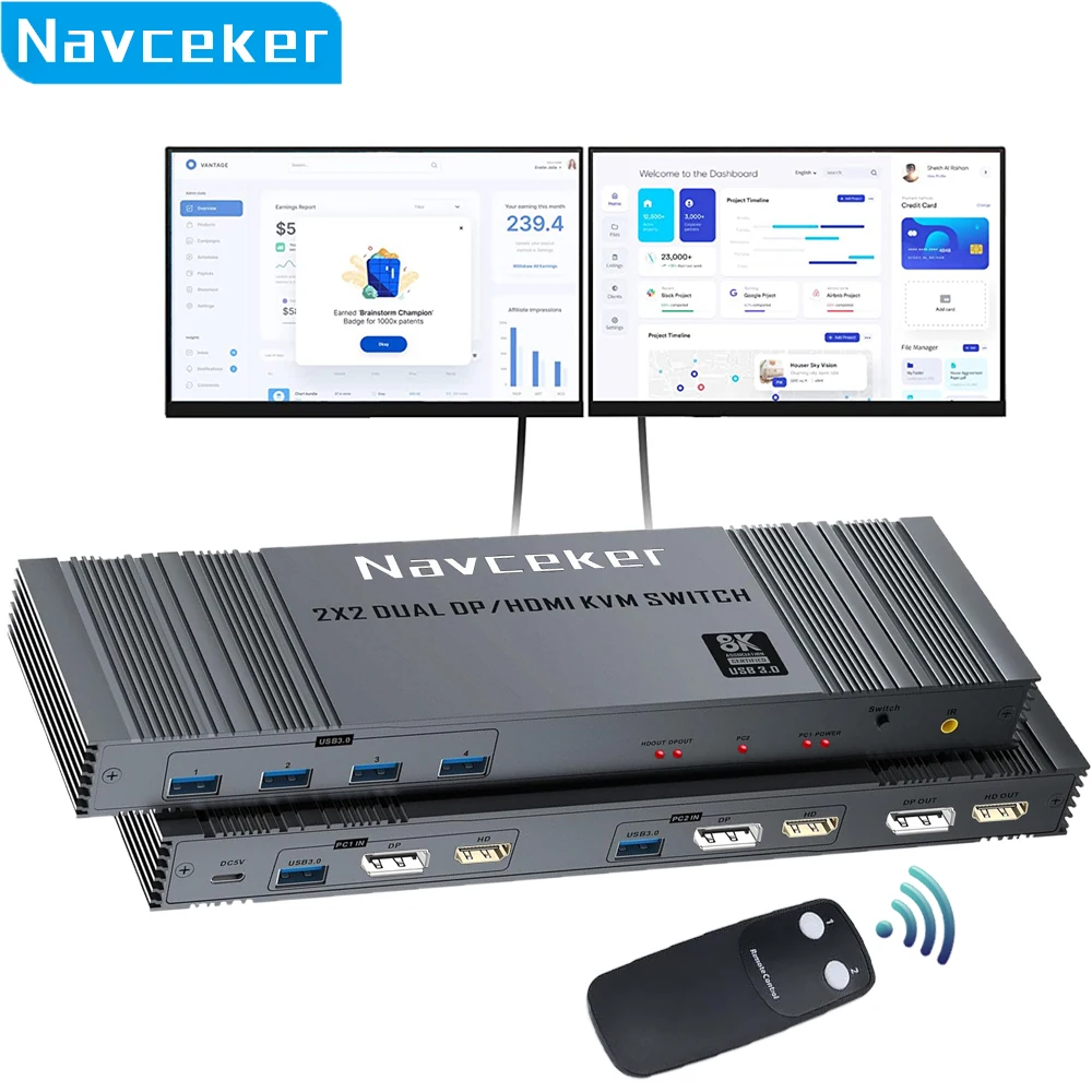 Navceker 2x2 HDMI DP KVM switch 4K 120Hz Monitor Dual pantalla extendida 8K USB KVM Switcher 2 en 2 salidas para 2 ordenadores 2 monitores - imagen 2