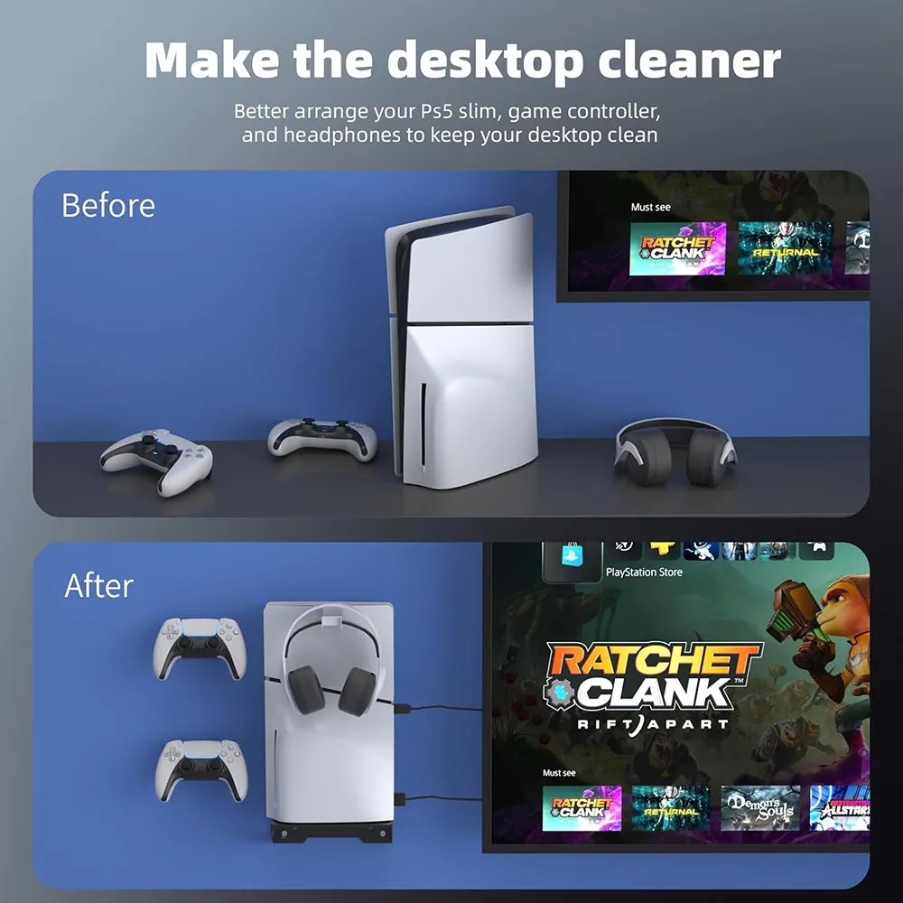 Juego de montaje en pared soporte para PS5/consola delgada con controlador gancho de almacenamiento de acero soporte para accesorios PS5 - imagen 3